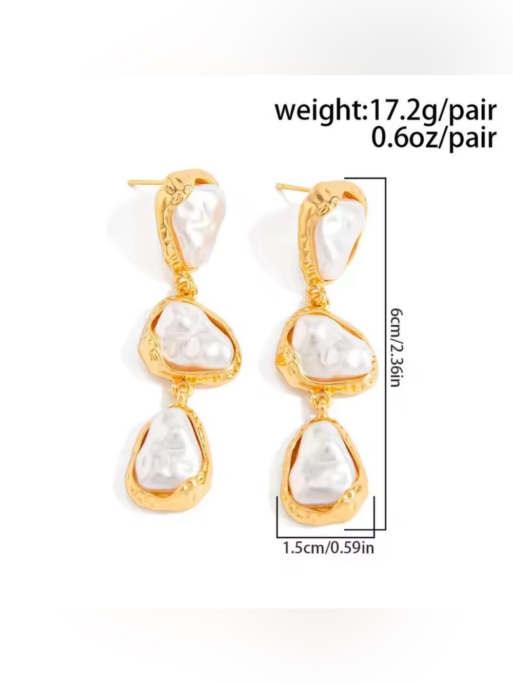 Drop Gold Triple White Baroque Pearl Drop Earrings - Picture 4 of 9